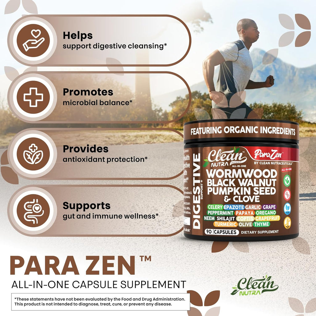 Clean Nutra Wormwood Black Walnut Pumpkin Seed Clove Oil Celery Garlic Grape Papaya Neem Diatomaceous Earth Womens Probiotic Gut Health Cleanse Detox Oregano Olive Turmeric Supplement Vegan Capsules