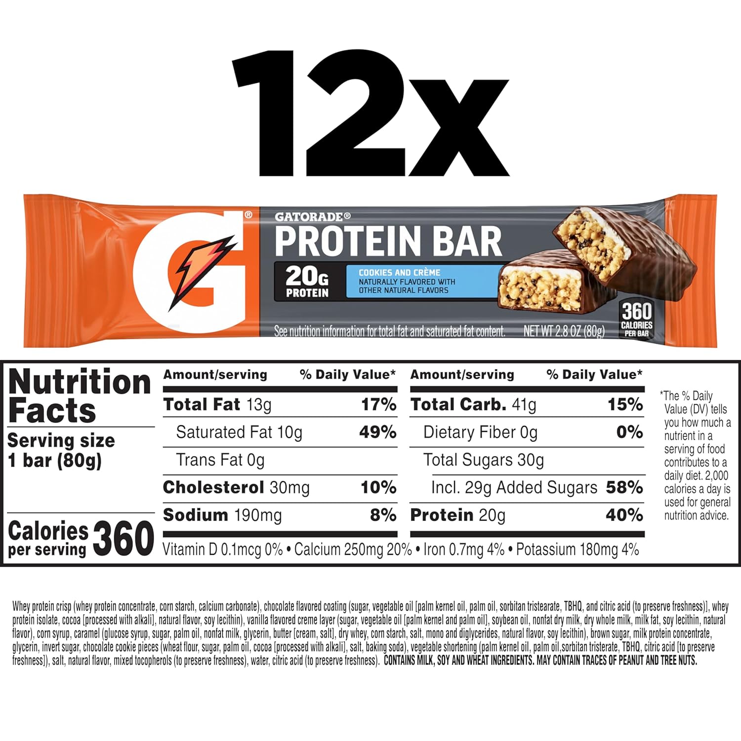 Gatorade Whey Protein Bars, Cookies & Crème, 2.8 oz bars (Pack of 12, 20g of protein per bar)