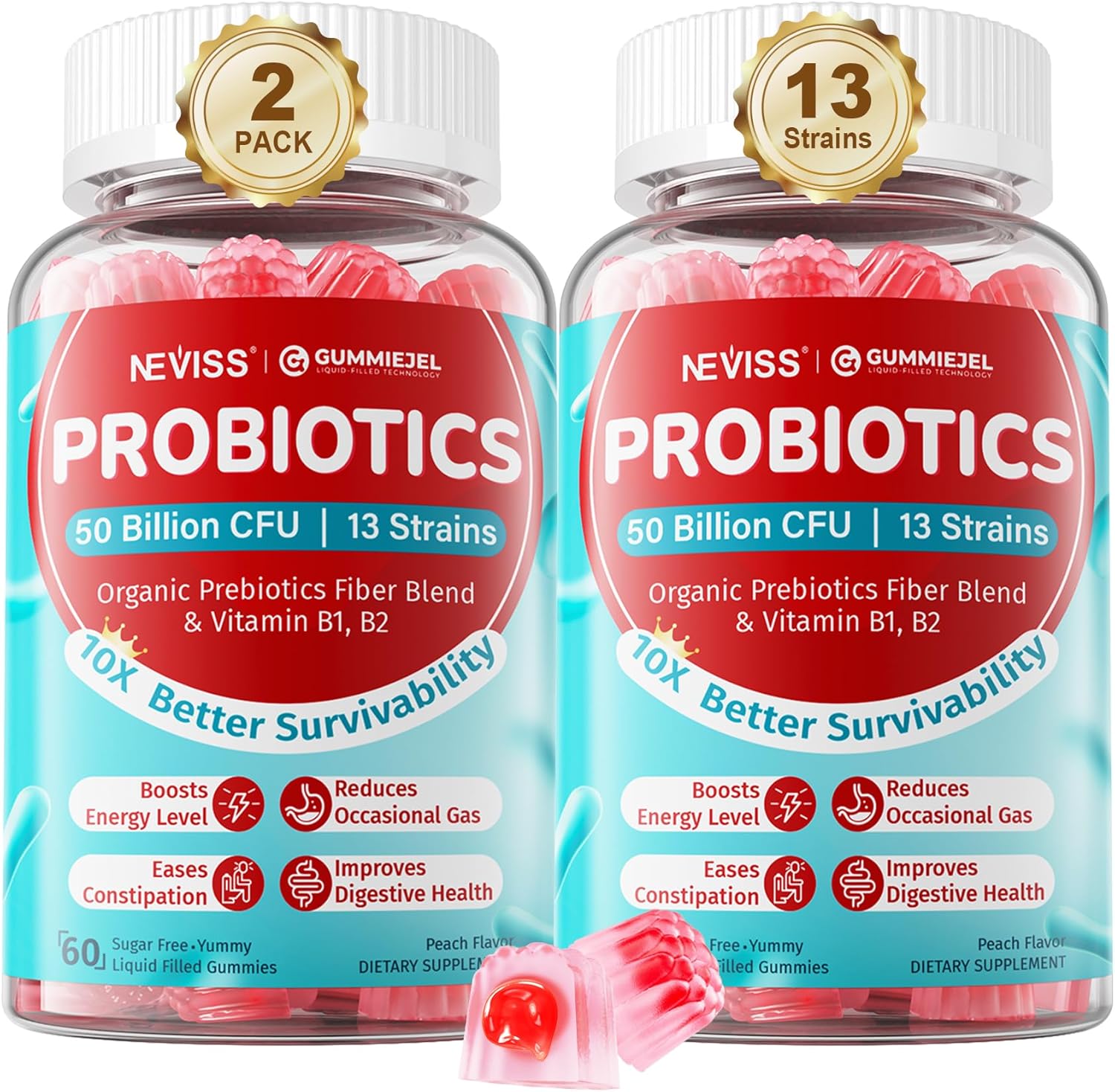 Probiotic + Prebiotic Gummies for Adults & Kids 4+, Sugar Free Chewable Probiotic 50Billion CFUs w/Fiber, Vitamin B1 B2 D3 & Zinc, for Digestive & Gut Health, Boost Microflora Diversity, Vegan 120 Cts