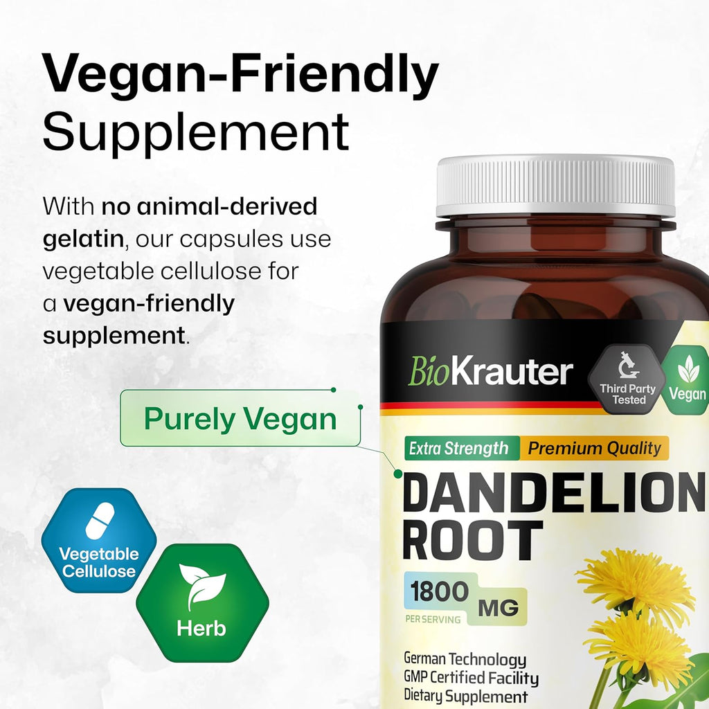 BIO KRAUTER® Dandelion Root Extract - Vegan & Pure Dandelion Root Capsules 1800 mg per Serving 250 Caps - Used for Liver & Kidney Support, Cleanse & Detox - No Fillers, Non-GMO - 83 Days of Supply