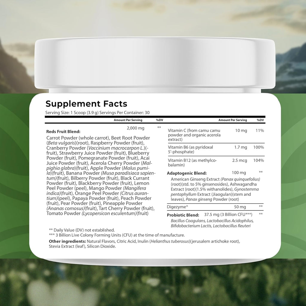 Reds - Metabolism and Energy Superfood Powder with 23 Red Fruits, 4 Adaptogens, Probiotics & Enzymes - Vegan Antioxidant Blend, 1 Bottle