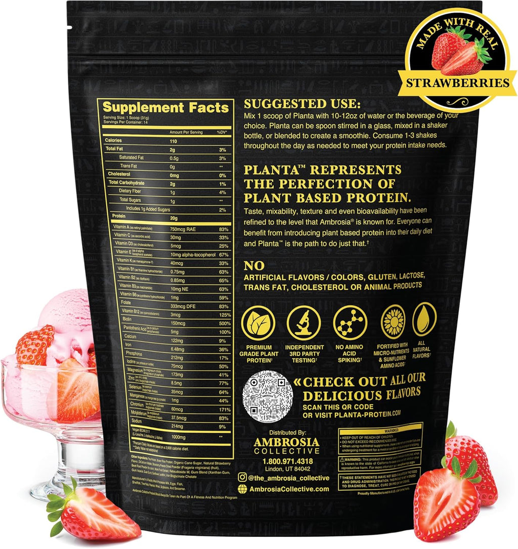 Ambrosia Planta - Premium Organic Plant-Based Protein | Vegan & Keto Friendly | Gourmet Flavors with No Bloating or Stomach Upset | No Added Sugar | 14 Servings | (Strawberry Ice Cream)