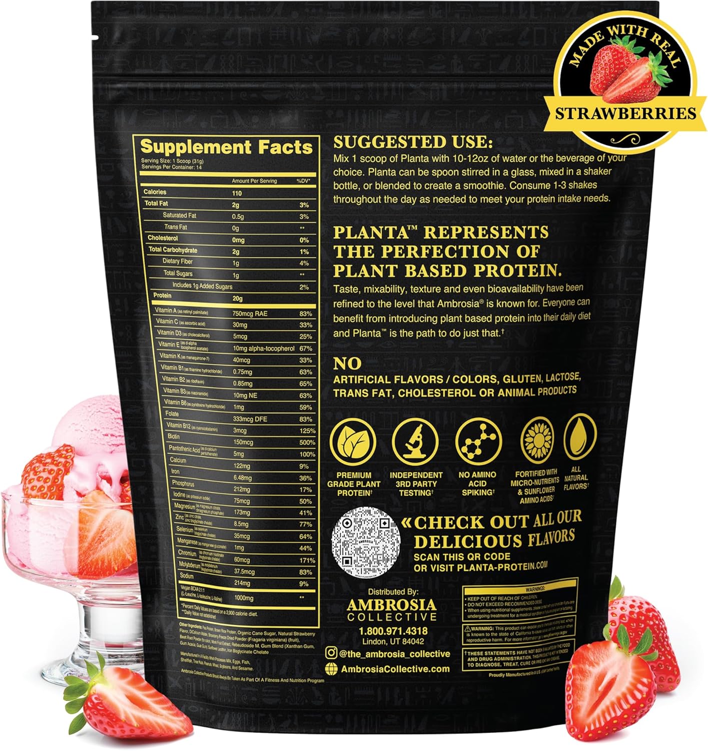 Ambrosia Planta - Premium Organic Plant-Based Protein | Vegan & Keto Friendly | Gourmet Flavors with No Bloating or Stomach Upset | No Added Sugar | 14 Servings | (Strawberry Ice Cream)