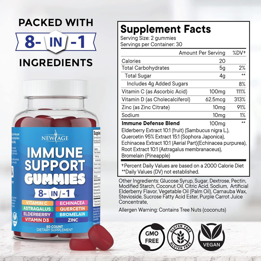 NEW AGE 8 in 1 Immune Support Booster Supplement with Elderberry, Vitamin C and Zinc 50mg, Vitamin D 5000 IU, Quercetin & Bromelain (8 in 1 Gummies (Pack of 1))