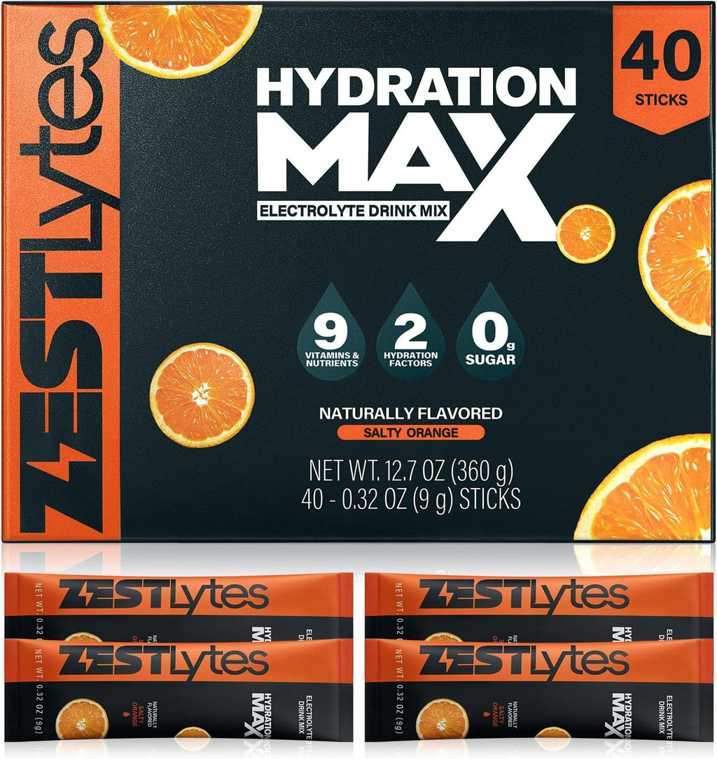 Salty Orange Flavor Sugar Free Electrolyte Hydration Packets, 40 Sticks Electrolyte Powder Drink Mix, Liquid Daily IV Flavors | 9 Vitamins & Nutrients | 2 Hydration Factors