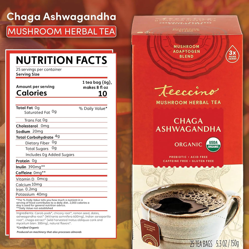 Teeccino Chaga Ashwagandha Tea - Butterscotch Cream - 25 Tea Bags - Organic Mushroom Adaptogenic Herbal Tea, 3x More Herbs than Regular Tea Bags, Prebiotic, Caffeine Free, Gluten Free