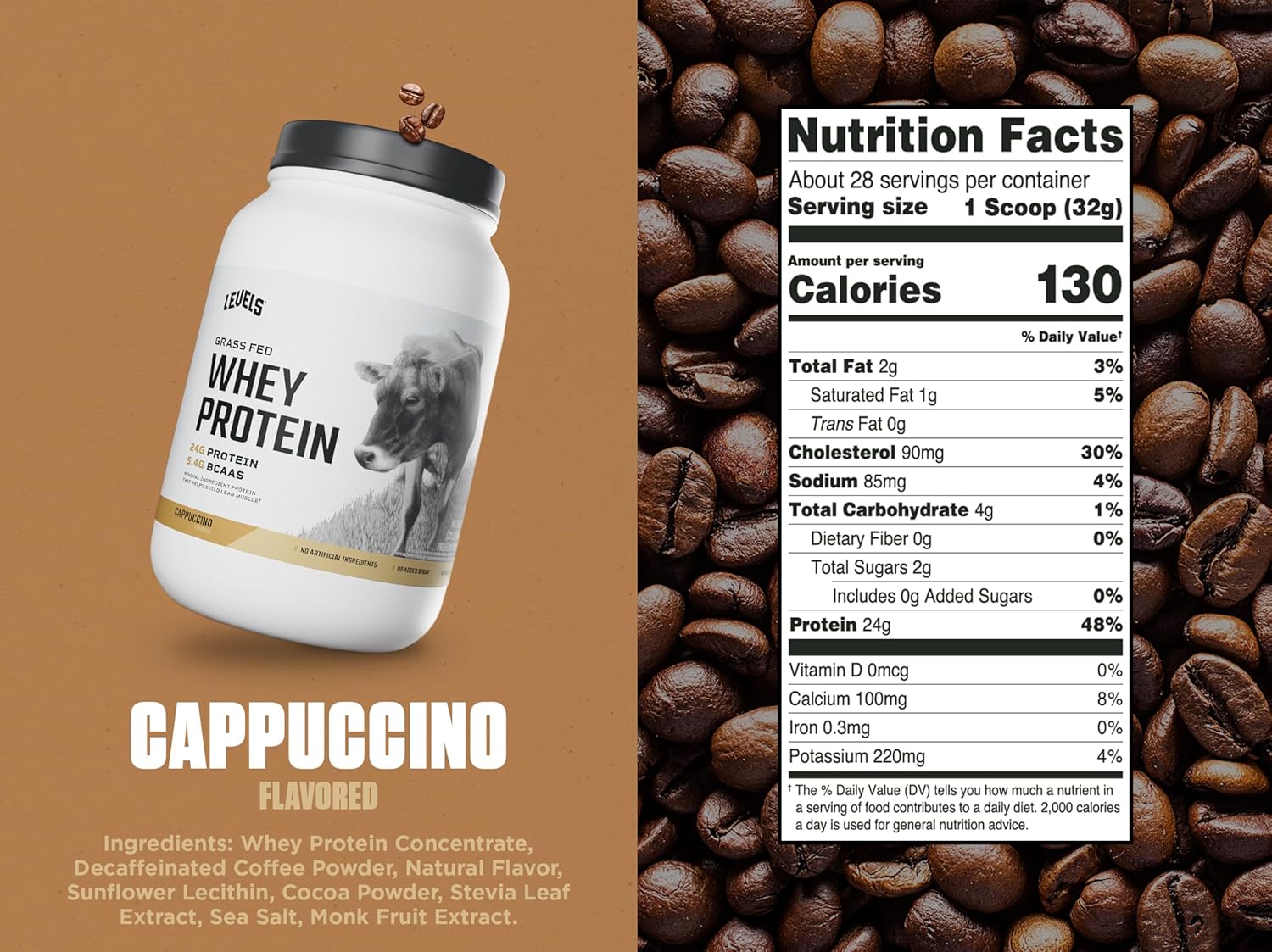 Levels Grass Fed Whey Protein Powder, No Artificials, 24G of Protein, Cappuccino, 2LB