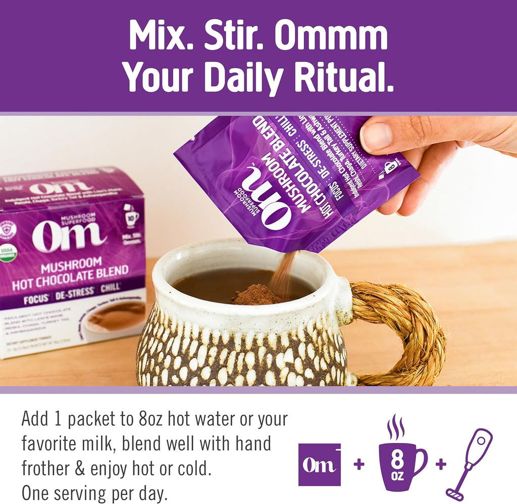 OM MUSHROOM SUPERFOOD Hot Chocolate Blend Mushroom Powder, Single Serve, 10 Count, Dutch Cocoa, 2g of Sugar, 25 Calories, Lion's Mane, Reishi, Chaga, Turkey Tail, Focus and Stress Support