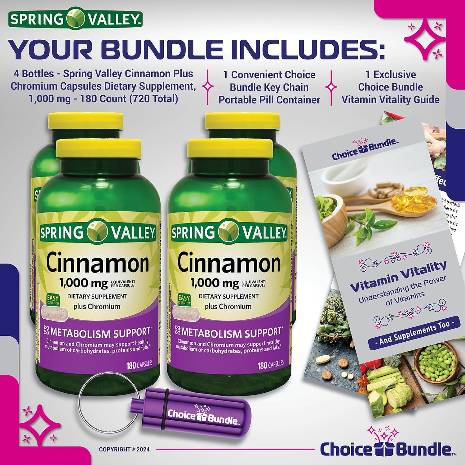 Choice Bundle Spring Valley Cinnamon Plus Chromium Capsules 1000 mg 180 Ct 4 Pk (720 Total) + Vitamin Vitality & Pill Container (6 Items)!