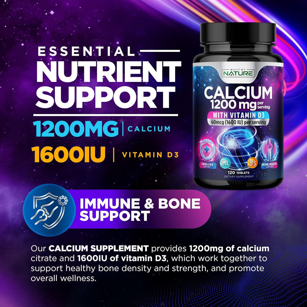 Calcium 1200mg with Vitamin D3 for Best Absorption - Advanced Bone Support Supplement, 1200 mg Calcium Carbonate & 1600 IU Vitamin D3, Slow Release for Immune Support, Easy to Swallow, 120 Tablets