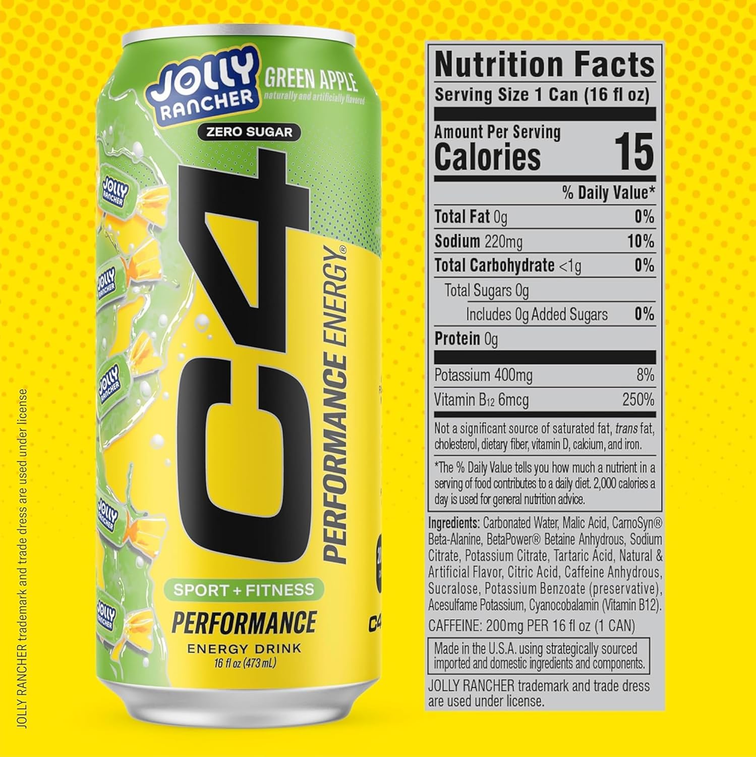 Cellucor C4 Performance Energy Drink | JOLLY RANCHER Green Apple | Zero Sugar Carbonated Preworkout Energy | 200mg Caffeine with Beta Alanine | 16 Fl Oz (24 Pack)