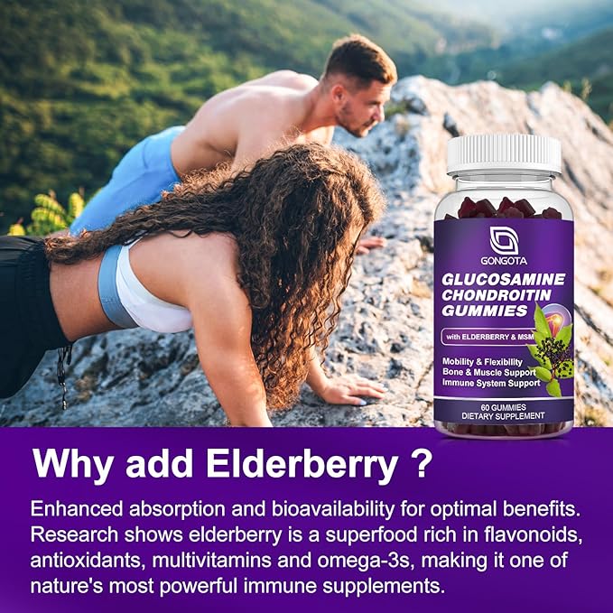 Glucosamine Chondroitin Gummies - 2- Pack, Extra Strength 1500mg Glucosamine with MSM & Elderberry, Flexibility Support, Best Cartilage & Immune Support Supplement for Men and Women - 120 count