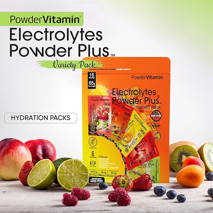 PowderVitamin Electrolytes Powder Plus, Keto, Variety Pack A, Sugar Free, Pink Himalayan Salt, 1000mg Potassium, 120mg Calcium, 120mg Magnesium, Non-GMO, Zero Calories, (16 Hydration Packets)
