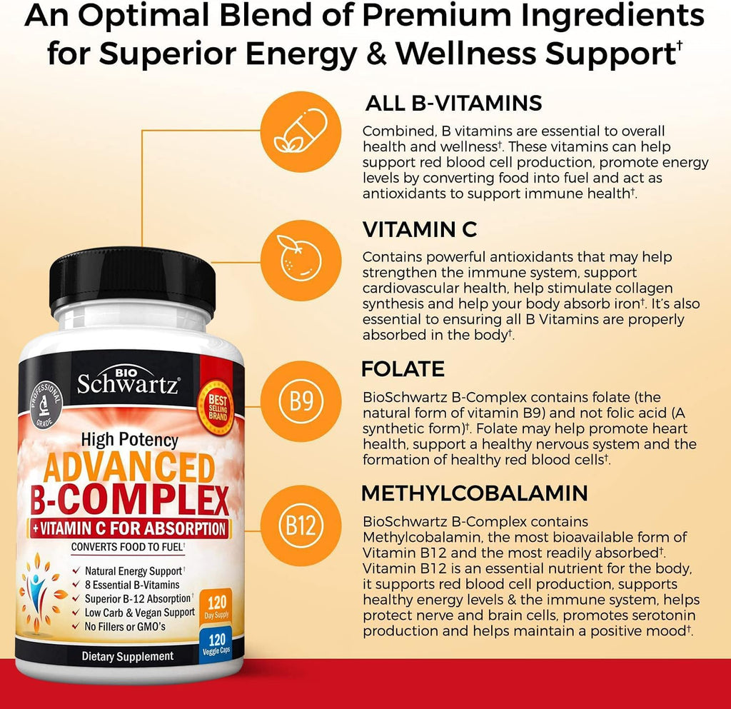 Vitamin B Complex with Vitamin C for Maximum Absorption - Methylcobalamin b12 & Folate Folic Acid Supplement - B1 B2 B3 B5 B6 B7 B9 for Immune Energy & Nervous System Support - Non-GMO, 120 count