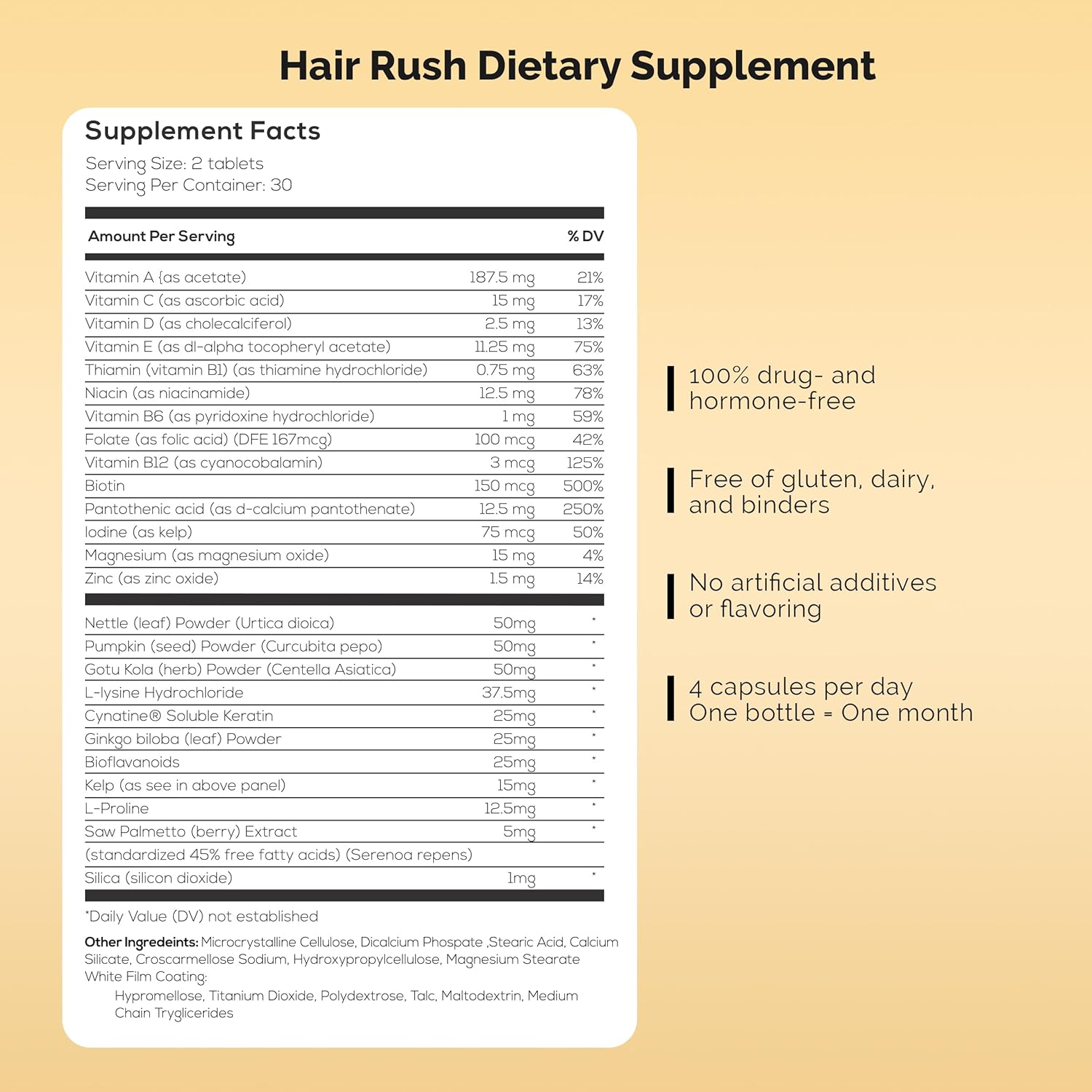 Hair Rush | Maxx Hair Growth & Anti Hair Loss Nutrient Solubilized Keratin Vitamin Supplement, 60 Tablets.