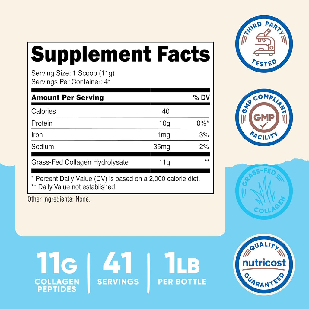 Nutricost Collagen Peptides Powder 1LB (454 G) - Grass Fed Bovine Collagen Hydrolysate (Unflavored)
