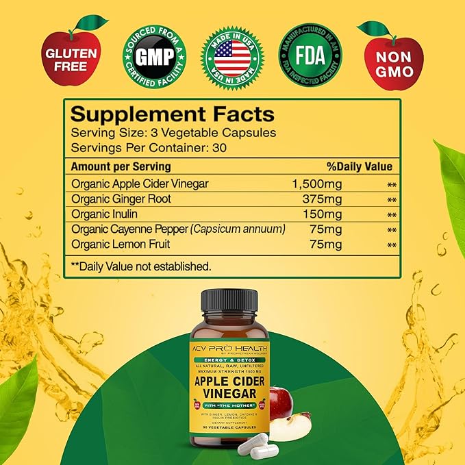 Promethean Wellness 2-Pack ACV Pro Apple Cider Vinegar Capsules Certified Organic with Mother ACV Pills Detox Cleanse Acid Reflux Relief Support Supplement Ginger Root Cayenne Pepper Powder