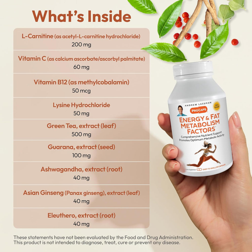 ANDREW LESSMAN Energy and Fat Metabolism Factors 360 Capsules - Promotes Optimum Fat Burning and Energy Metabolism, with Carnitine, Green Tea, Guarana, Ginseng, B-Complex. Easy to Swallow Capsules