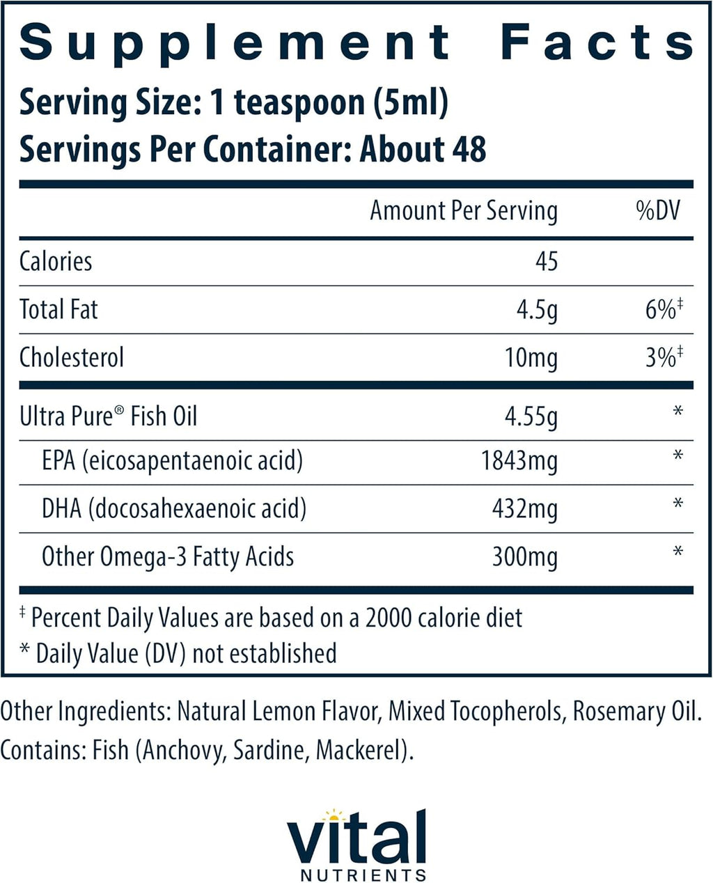 Vital Nutrients - Ultra Pure Fish Oil 2600 (Pharmaceutical Grade) - Hi-Potency Deep Sea Liquid Fish Oil, Cardiovascular Support, Natural Lemon Flavor - 8 Fl Oz per Bottle