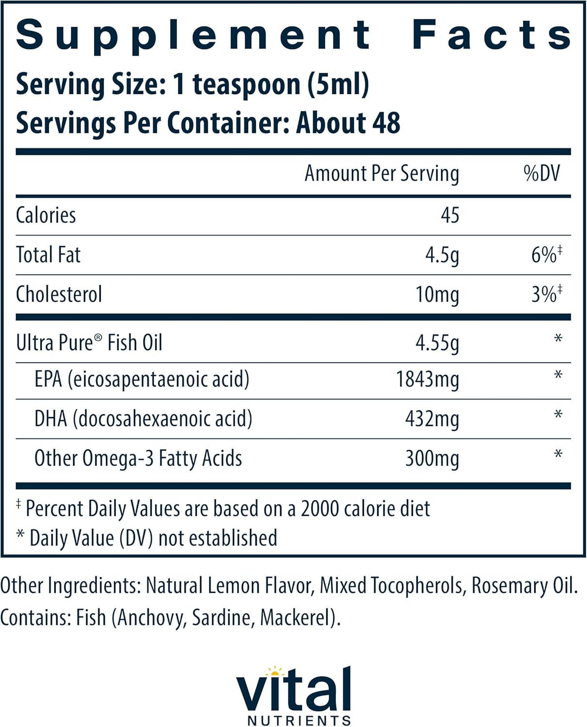 Vital Nutrients - Ultra Pure Fish Oil 2600 (Pharmaceutical Grade) - Hi-Potency Deep Sea Liquid Fish Oil, Cardiovascular Support, Natural Lemon Flavor - 8 Fl Oz per Bottle