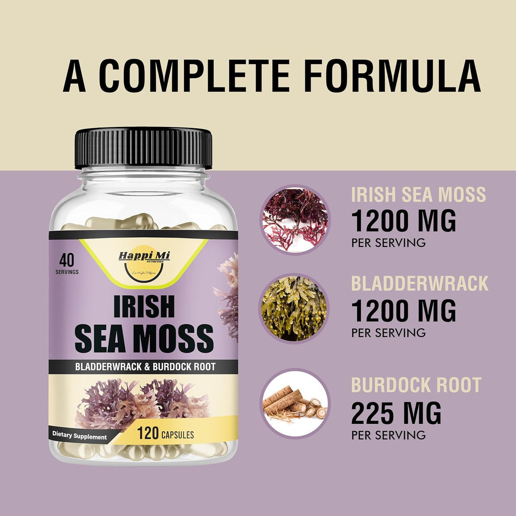 Irish Seamoss Capsules 2625mg per Serving - Made with Organic Seamoss, Bladderwrack & Burdock Root for Digestive & Immune Support