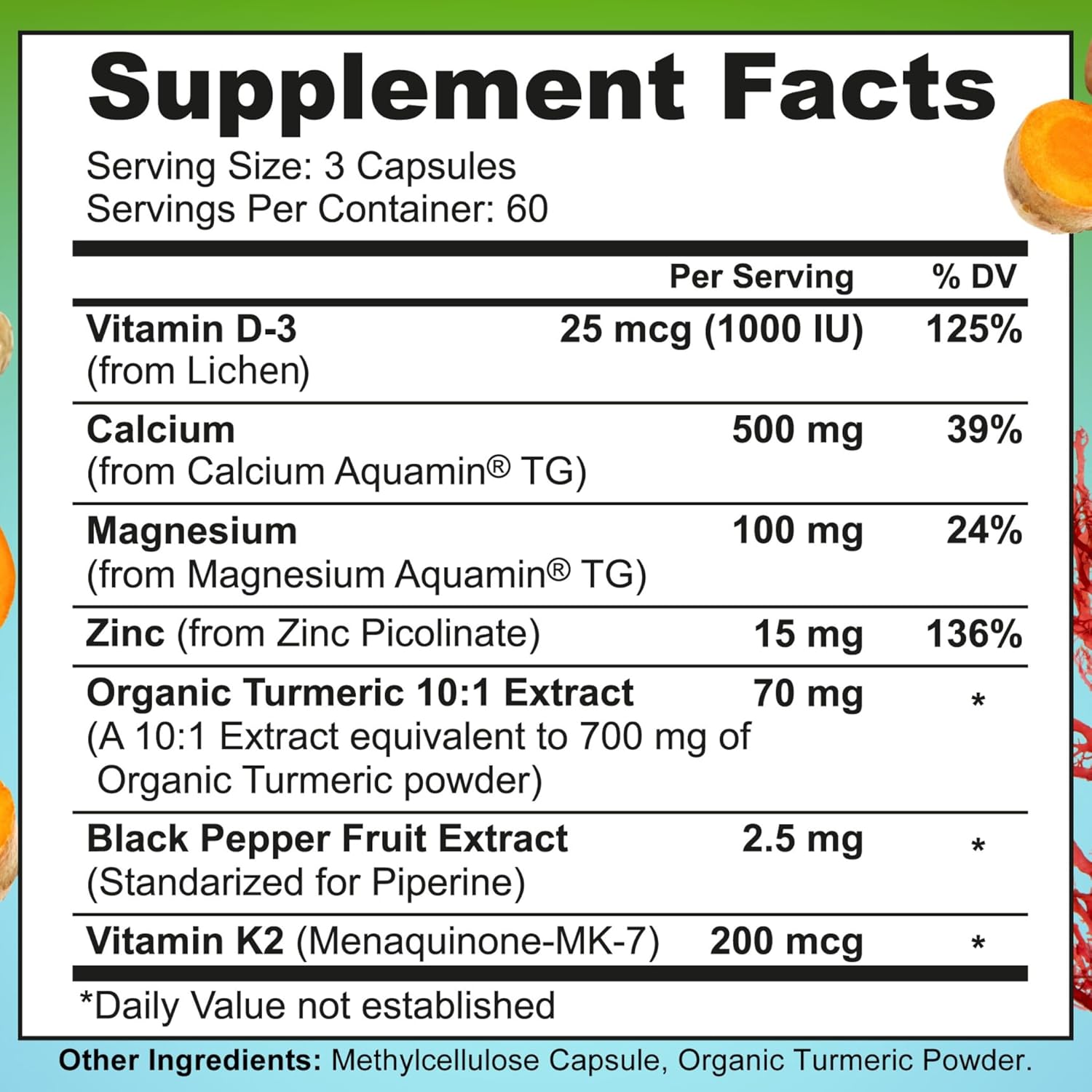 Plant-Based Calcium 500mg (Aquamin) – Vegan Calcium Magnesium Zinc D3 with Vitamin K2 & Organic Turmeric – Enhanced Bone and Muscle Health & Strength, Immune Support for Women & Men - 180 Count