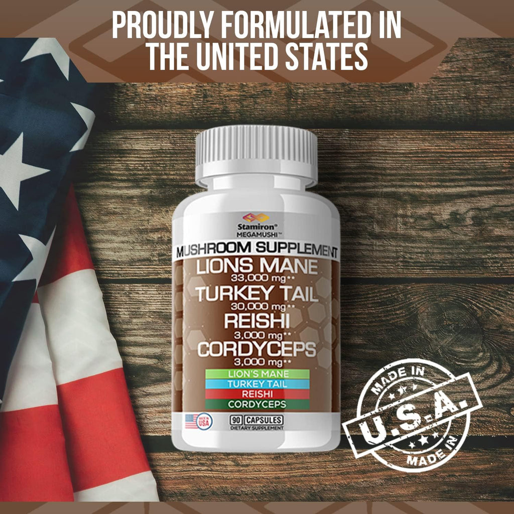 Stamiron Lions Mane Supplement Turkey Tail Mushroom Capsules with Cordyceps Extract & Reishi Mushrooms - Alt to Mushroom Gummies, Mushroom Powder, Mushroom Coffee - 90 Count