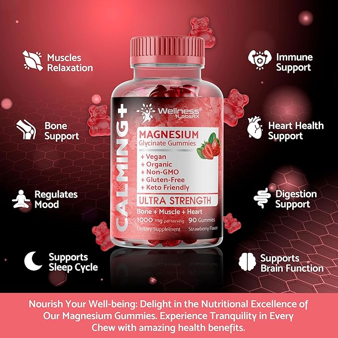 Magnesium Glycinate Gummies, 1000 mg - Magnesium Supplement to Support Relaxation, Heart Health - Chewable Calm Magnesio Gummies for Adults, Glicinato De Magnesio - Strawberry Flavor - Pack of 3