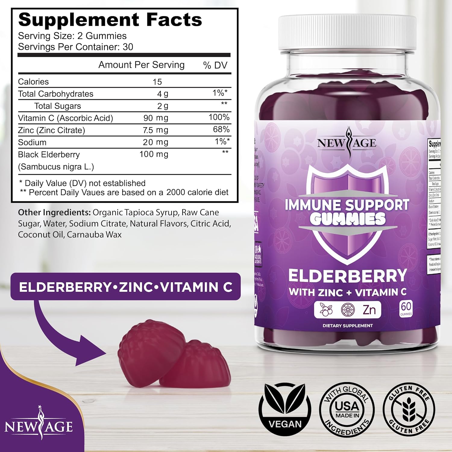 NEW AGE Immune System Support Gummies - Sambucus Black Elderberry Gummies with Vitamin C and Zinc (Immune Support 180 Gummies)