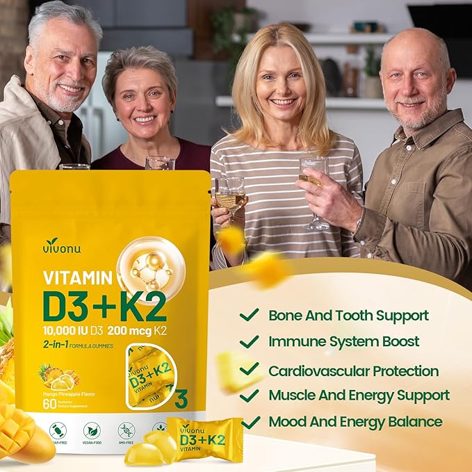 Vitamin D3 K2 Gummies, D3 10000 IU & MK7-200 mcg, 2 in 1 Vitamins D & K Complex | Vitamina D3 con K2 | Supports Calcium Absorption, Bone, Immune, & Heart Health, Easy to Carry and use (120 Gummies)