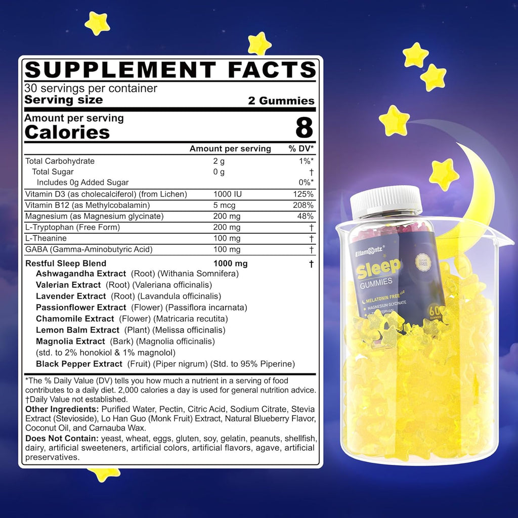 Sleep Gummies Melatonin Free with Magnesium Glycinate, L-Tryptophan, GABA, L-Theanine, Ashwagandha, Natural Sleep Aid Calm Relax Gummy No Melatonin for Adults Extra Strength Without Melatonin, 60Cts