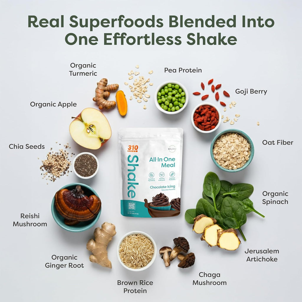 310 Nutrition All-In-One Meal Replacement Shake Powder - Plant-Based Protein Smoothie Blend w/High Fiber, Probiotics & Adaptogens - Low Carb, Vegan, Keto & Paleo Friendly - Chocolate Icing - 28 Srv