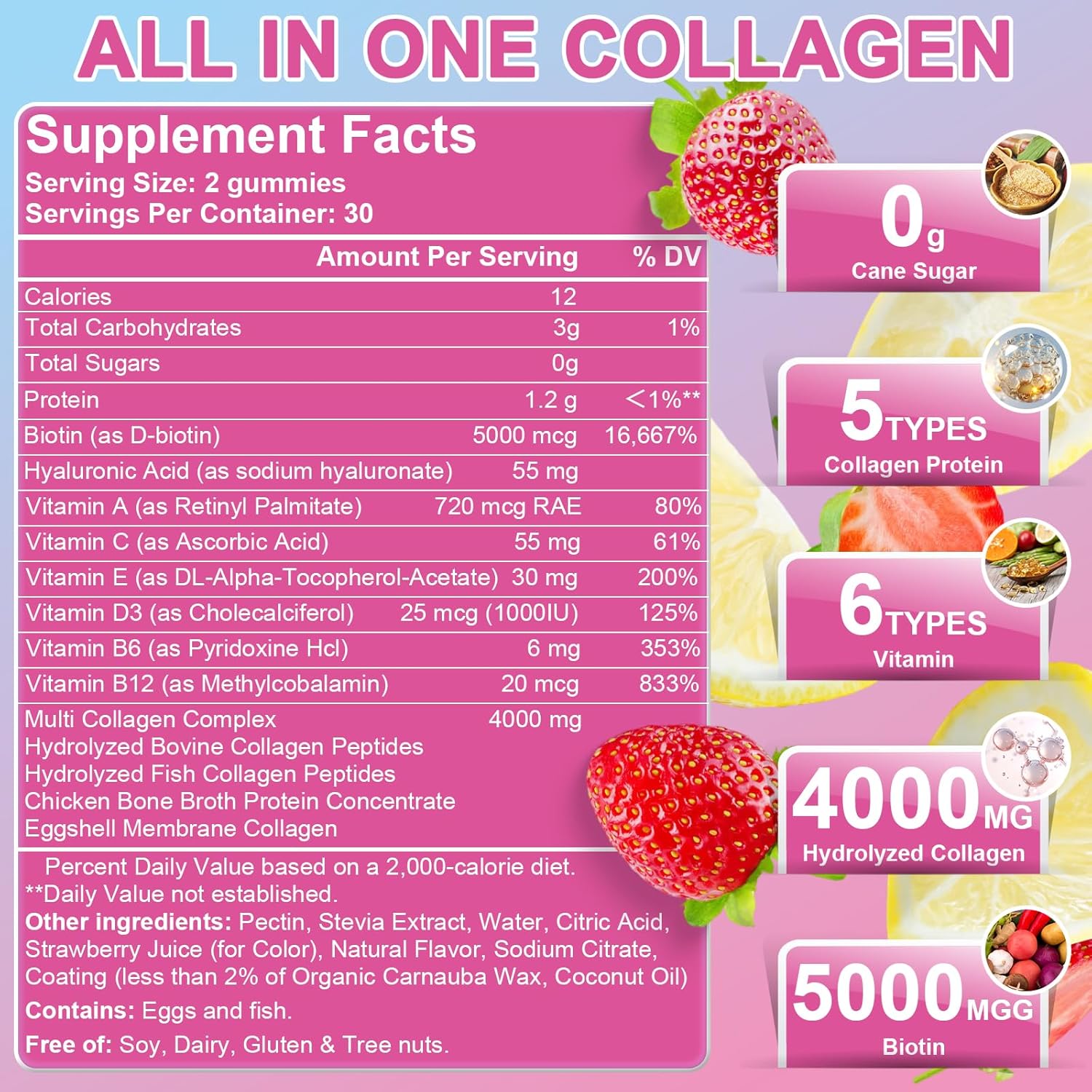 Multi Collagen Peptides Gummies, Type I, II, III, V, X - Hydrolyzed Collagen Peptides with Biotin, Hyaluronic Acid, Supports Healthy Skin, Strong Nails & Thick Hair, 60 Count, 2 Pack