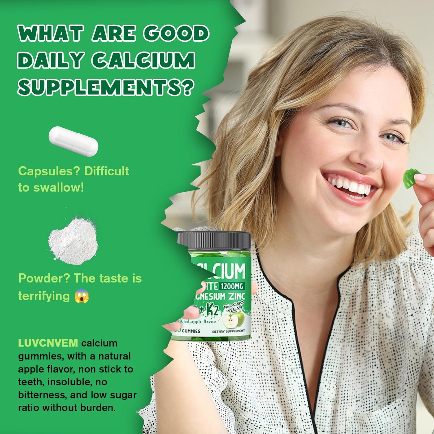 Calcium Citrate 1200 mg with Vitamin D3 Gummies, Calcium Citrate Magnesium Zinc with Vitamin D3 Supplement for Women & Men Bone & Teeth Support, Natural Apple Flavor - 30 Day Vegan Supply