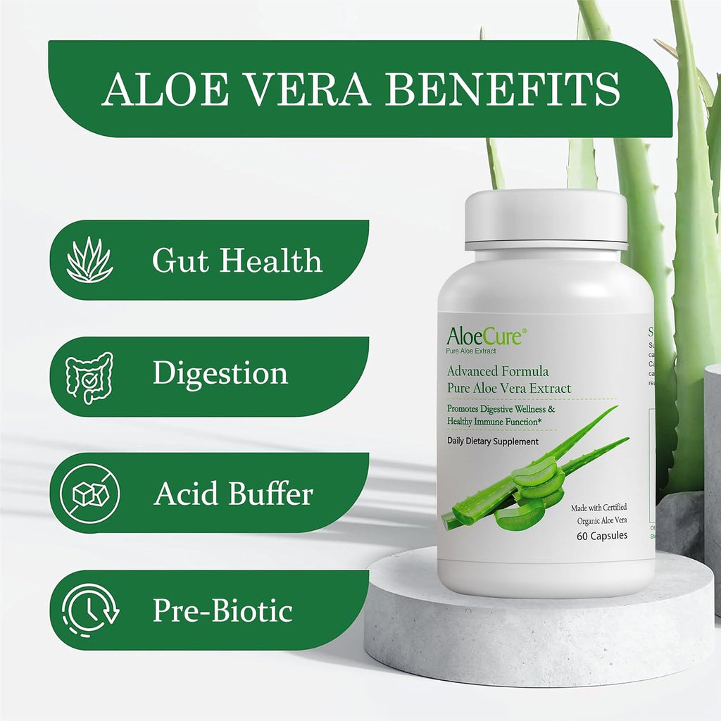 AloeCure Organic Aloe Vera Capsules, 160,000mg Inner Aloe Leaf Equivalent per Serving, Support Gut, Digestive, & Immune Health, Helps Maintain Balanced Stomach Acidity, Aloin Free, 60Caps x 2Btl