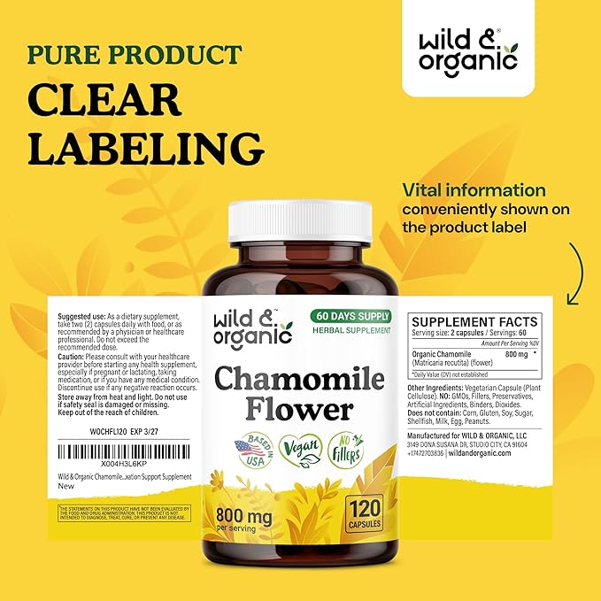 Wild & Organic Chamomile Extract Capsules 800 mg - Relaxation & Digestive Support - Chamomile Flower Extract Supplement - Matricaria Recutita Herb - Vegan, No Fillers, Non-GMO - 120 Count