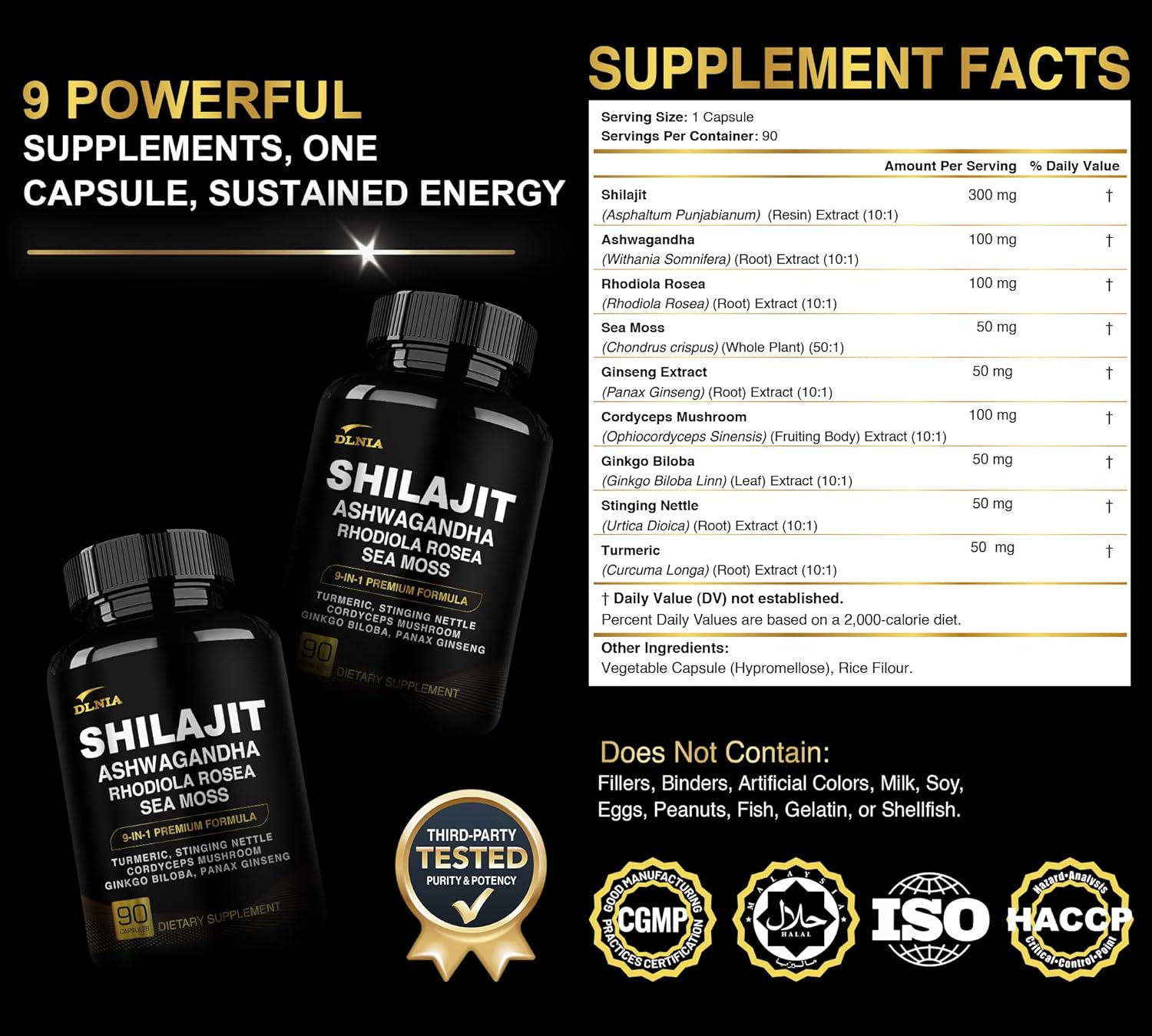 Shilajit 9-in-1 Capsules – Organic Himalayan Complex with Ashwagandha, Sea Moss, Turmeric & More – Vegan, Lab-Tested, Immune & Energy Support for Men & Women – 90 Capsules