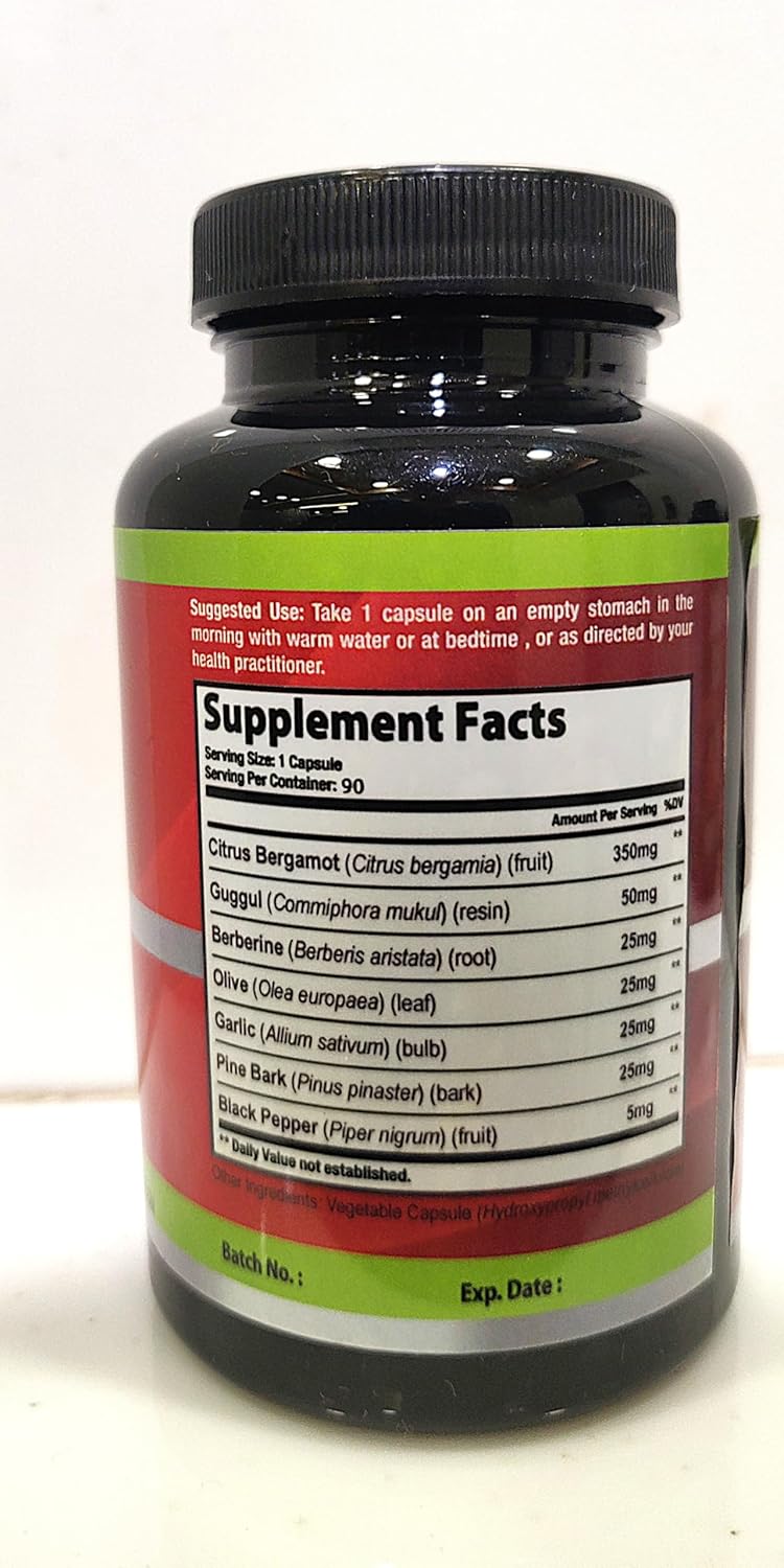 Organic Cadane Citrus Bergamot Supplement Extract Capsules, 90 Caps, 3 Months Supply & Berberine, Olive, Guggul, Garlic, Pine Bark, Black Pepper