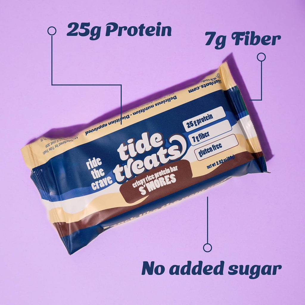 Crispy Rice Protein Treat Bar | 25 g Protein, No Added Sugar, 7 g Fiber, Gluten Free | High Protein Snack for On-the-Go, Post-Workout or Dessert Cravings | 8 Count (S'mores)