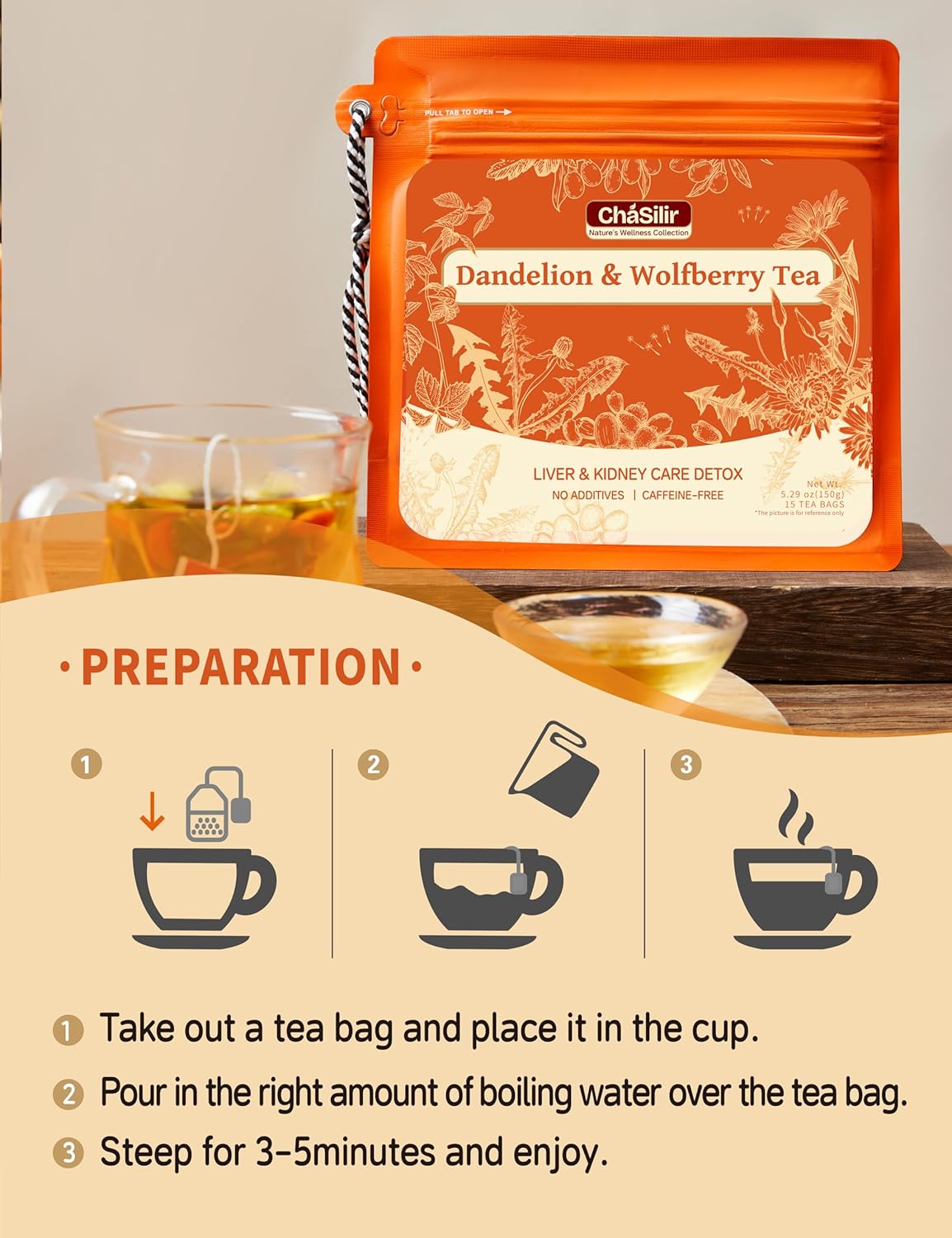 ChaSilir Organic Dandelion Root & Wolfberry Detox Tea Bags - Liver & Kidney Health Support, 15 Compostable Corn Fiber Bags (Caffeine-Free, Plastic-Free, Cleanse & Repair Formula)