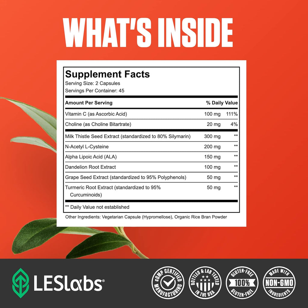 LES Labs Liver Support – Promotes Healthy Liver Function, Glutathione Production & Detoxification – Milk Thistle, NAC, ALA & Dandelion Extracts – Non-GMO Supplement – 90 Capsules