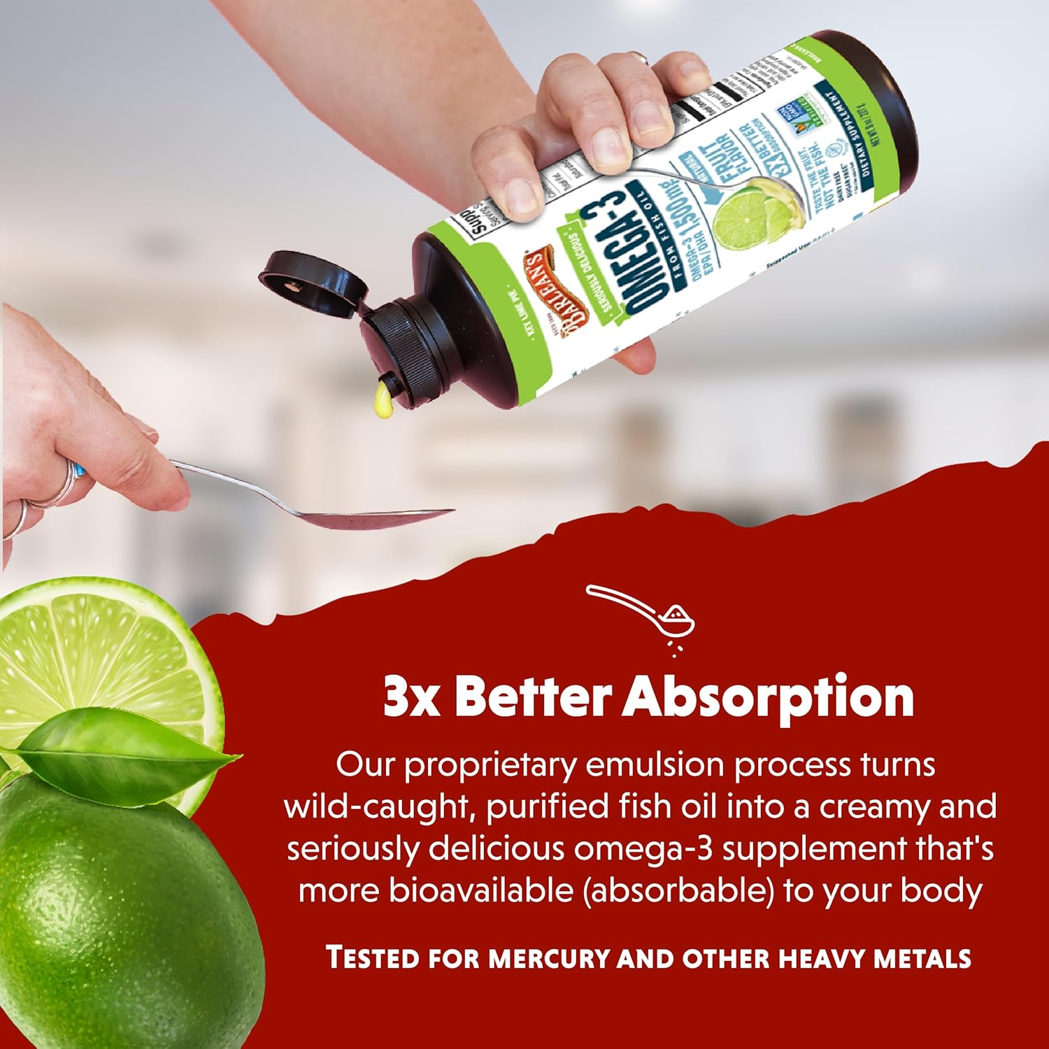 Barlean's Key Lime Pie High Potency Omega 3 Fish Oil Liquid Supplement, 1500mg of EPA& DHA Fatty Acid, Smoothie Flavored & Burpless for Brain, Joint, & Heart Health, 8 oz