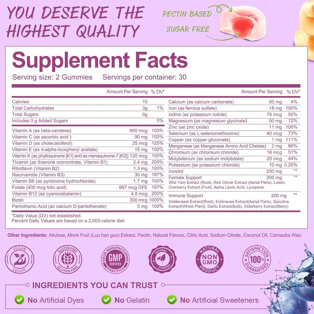 Sugar Free Womens Multivitamin Gummies with Iron, Women's Multivitamin w/Vitamins C, D3 K2, B12, B6, Filled Gummies for Daily Nutritional Support| Immune Support| Skin Health, Mixed Flavors, 60 Cts