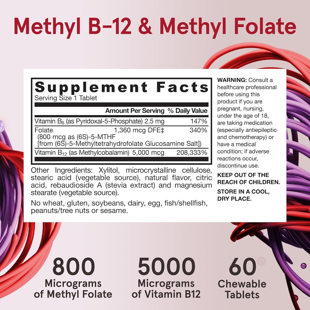 Jarrow Formulas Ultra Strength Methyl B-12 5000 mcg & Methyl Folate 800 mcg + P-5-P, Supplement for Cellular Energy Metabolism and Cardiovascular Support, 60 Chewable Tablets, 60 Day Supply, 12 Packs