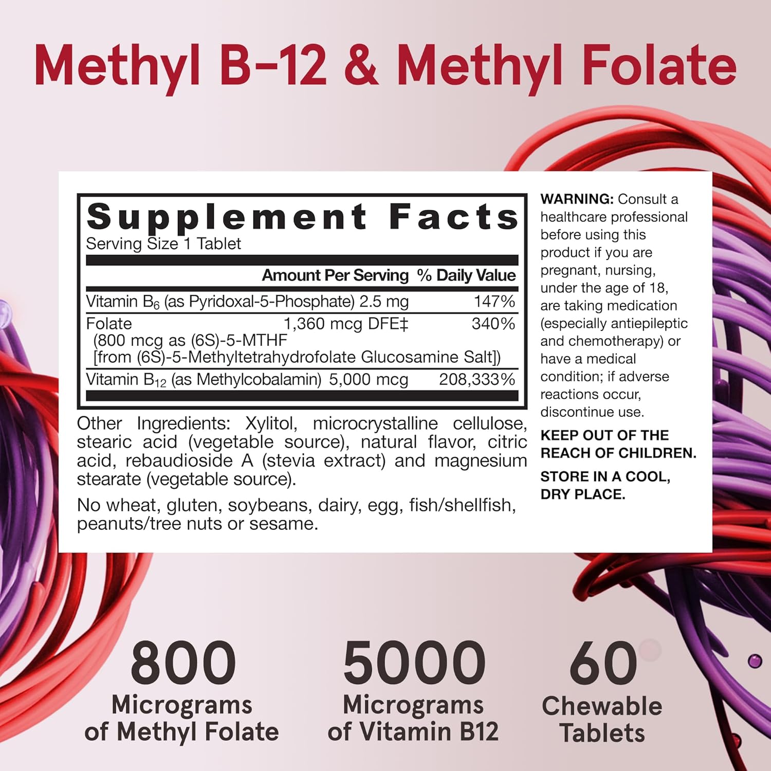 Jarrow Formulas Ultra Strength Methyl B-12 5000 mcg & Methyl Folate 800 mcg + P-5-P, Supplement for Cellular Energy Metabolism and Cardiovascular Support, 60 Chewable Tablets, 60 Day Supply, 12 Packs