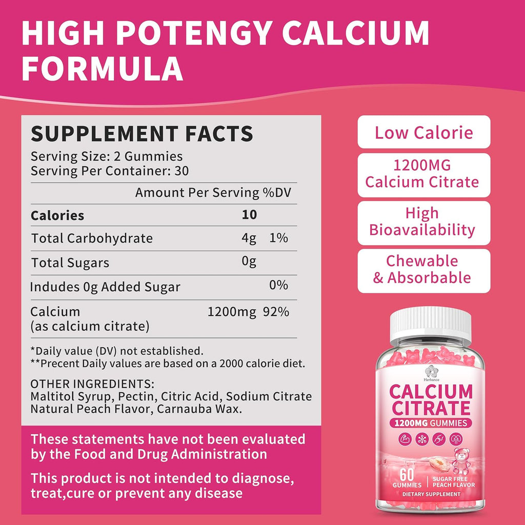 Calcium Citrate Gummies 1200 mg for Adults, High Absorption Pure Calcium Supplement for Women & Men, Sugar Free, Non-GMO, Gluten Free, Supports Muscle & Immune - Natural Peach Flavor, 120 Gummies