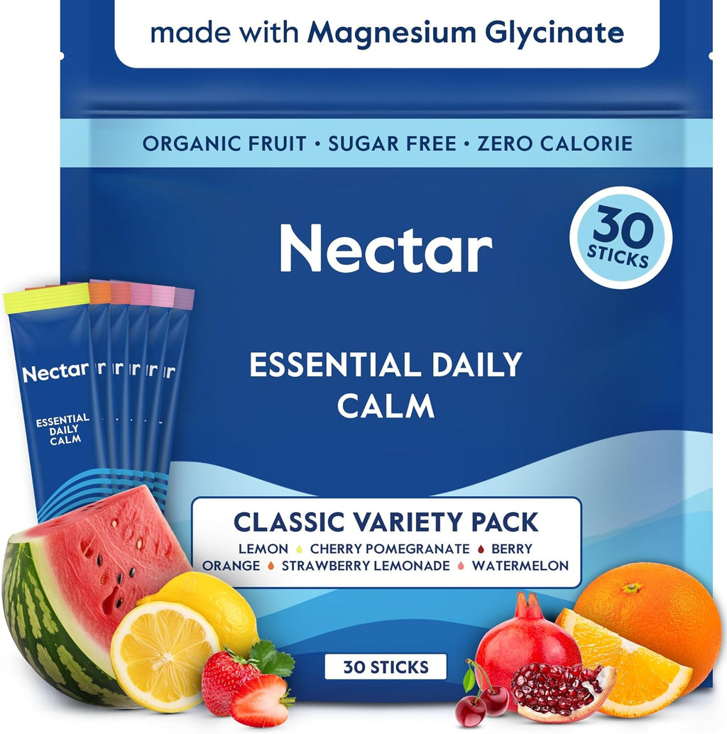 Nectar Calm Magnesium Glycinate Drink Mix - Sugar Free & Zero Calorie - with Organic Ashwagandha, Vitamin D, L-Theanine, Electrolytes - Deep Sleep, Relax, Focus & Calm - Non-GMO (Variety 30 Sticks)