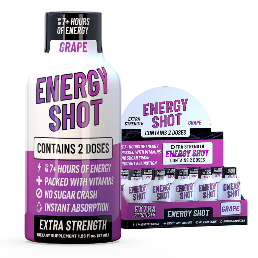 Grape Extra Strength Energy Shot 10 pk – 260mg Natural Caffeine B12 B6 – Energy & Focus Support – 2 Servings Sugar Free Zero Calorie Green Tea B-Vitamins Electrolytes Vegan – 1.93 fl oz