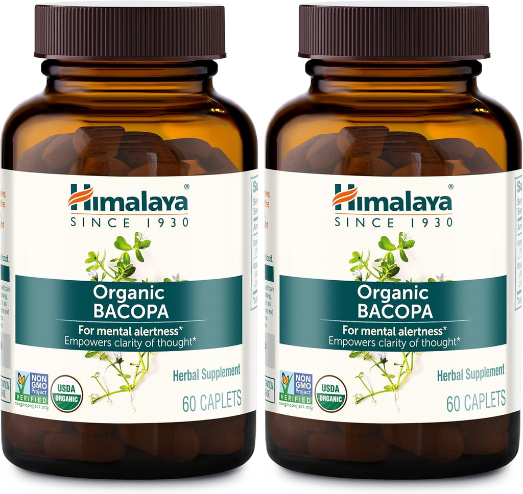 Himalaya Organic Bacopa Monnieri Nootropic Herbal Supplement, Mental Alertness, Supports Calm, Memory, Cognition, USDA Organic, Non-GMO, 750 mg, 60 Plant-Based Caplets, 2 Pack, 120 Day Supply