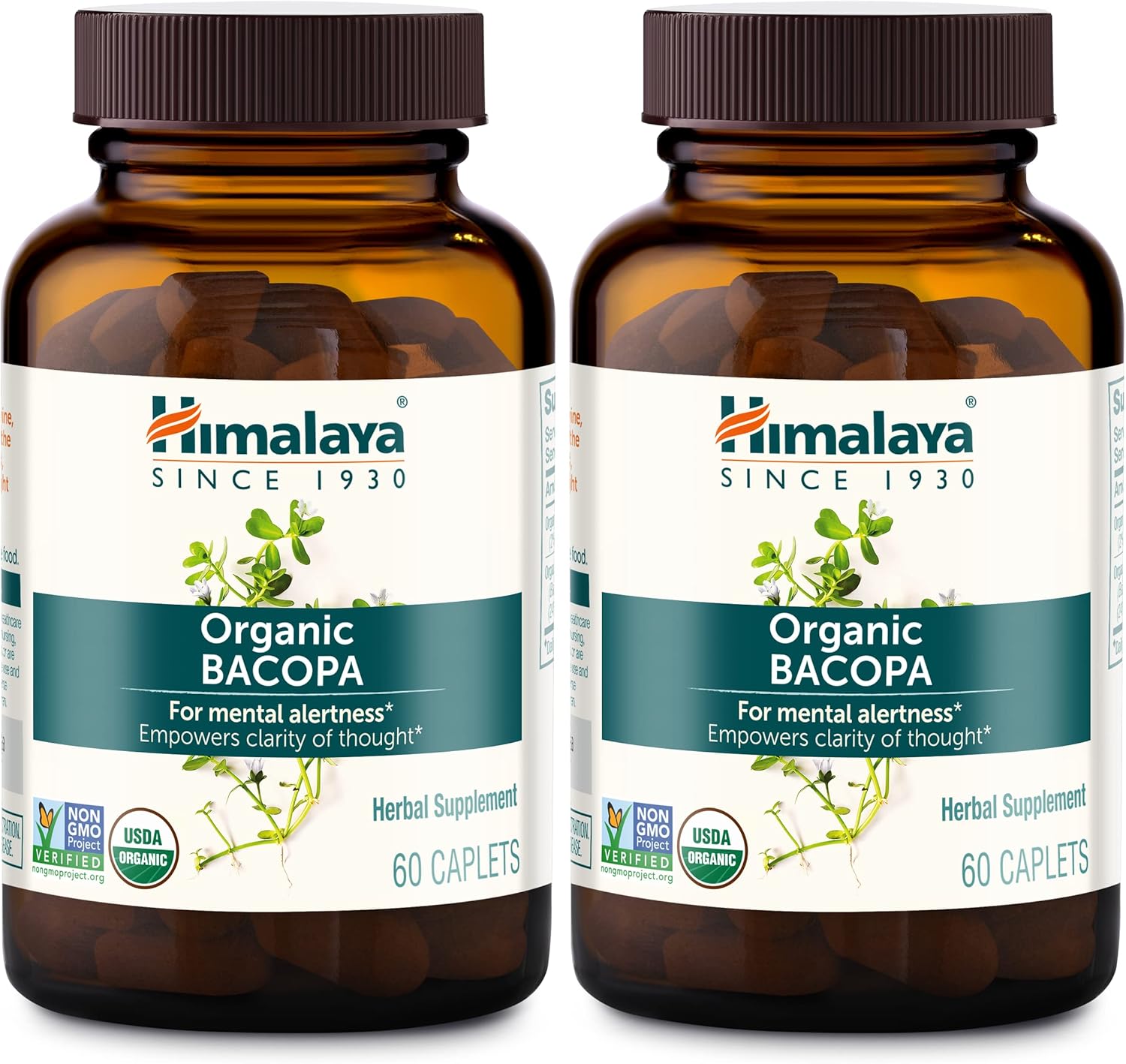 Himalaya Organic Bacopa Monnieri Nootropic Herbal Supplement, Mental Alertness, Supports Calm, Memory, Cognition, USDA Organic, Non-GMO, 750 mg, 60 Plant-Based Caplets, 2 Pack, 120 Day Supply